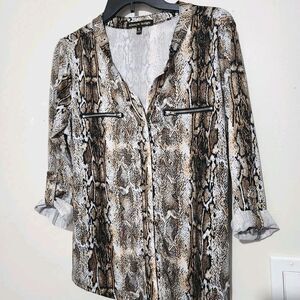Always Indigo Top Size Medium Roll Tab Sleeves Lightweight Animal Print